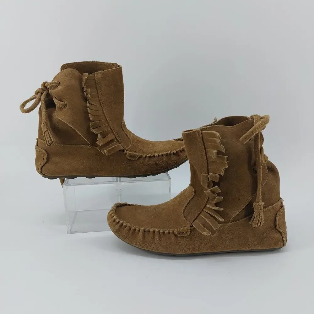 J Crew Moccasins Womens Size 7 Tan Suede Leather Tassel Fringe Boho